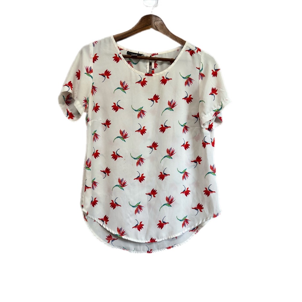 Simply Styled Floral Blouse Womens Medium White Red Bird of Paradise Good Short